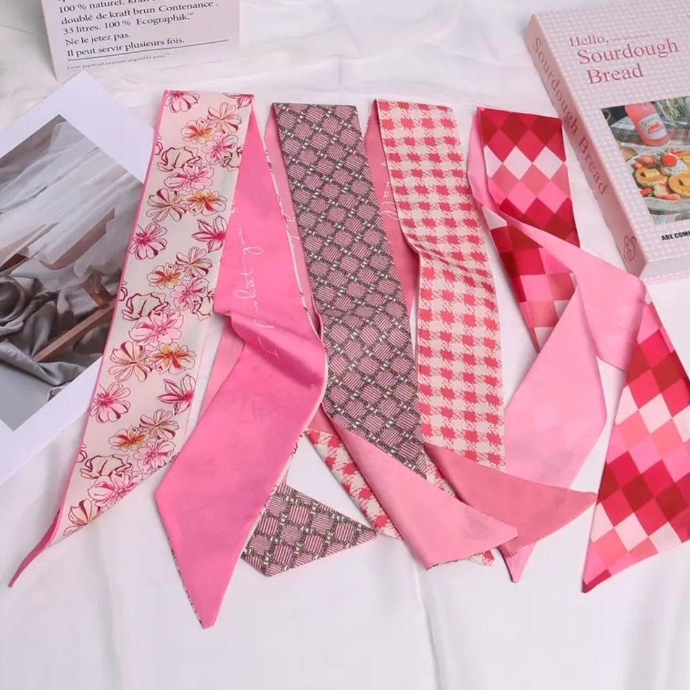 Floral and Geometric Pink Satin Twillies/Scarves Set 4 Pcs.